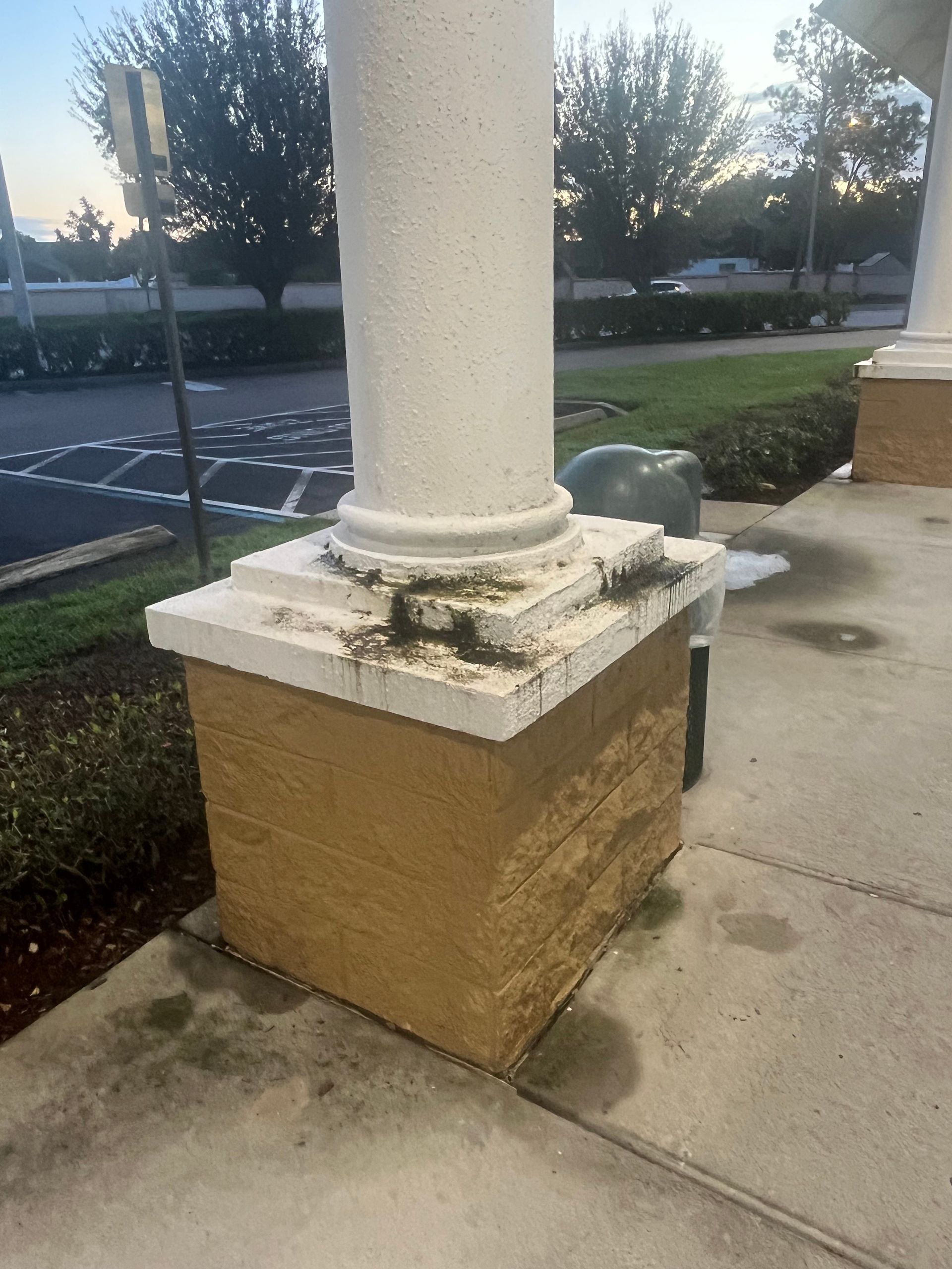 Column with concrete base, covered in dark green moss and stains, sits on a sidewalk.