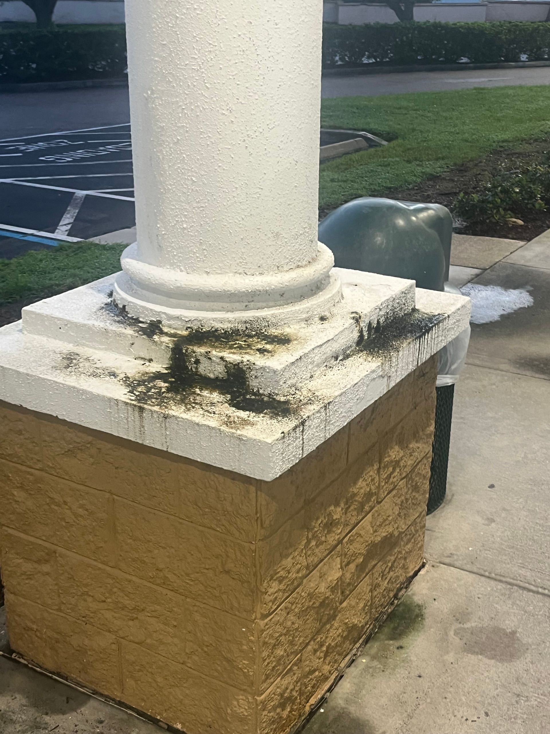 White and tan pillar with dark green mold near a trash can on a sidewalk.