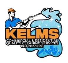 Logo for Kelms cleaning services: man pressure washing, text on blue and orange water splash.
