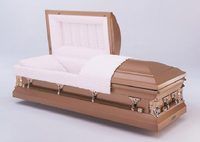 a coffin with the lid open is sitting on a white surface .