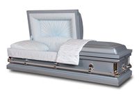 silver blue casket with blue and white liner