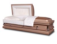 copper colored casket with white liner