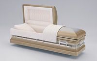 a coffin with the lid open is sitting on a white surface .