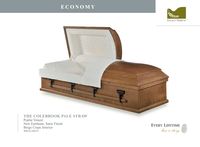 light brown wood casket with white liner