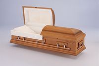 wood casket with the lid open 