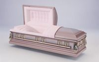 a silver coffin with the lid open is sitting on a table .