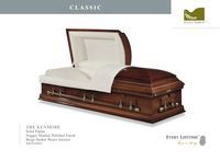 brown wood casket with white liner