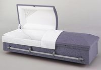 a grey casket with the lid open with white liner