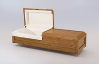  wood casket with the lid open 