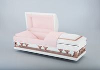 gold and white casket and pink liner