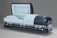 a blue coffin with the lid open and a blue lining .