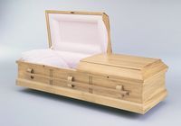  wooden casket with the lid open with pink liner