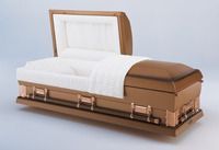 a tan brown coffin with the lid open is sitting on a white surface .