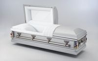a silver casket with the lid open is sitting on a white surface .