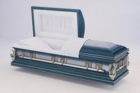 a coffin with the lid open is sitting on a white surface .