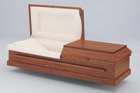  wood casket with the lid open 