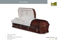 dark wood casket with white liner