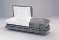 a silver coffin with the lid open is sitting on a table .