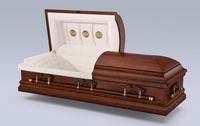 a brown casket with the lid open