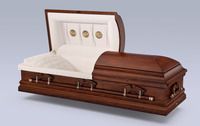 a brown casket with the lid open 