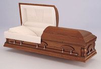a dark wood casket with the lid open 