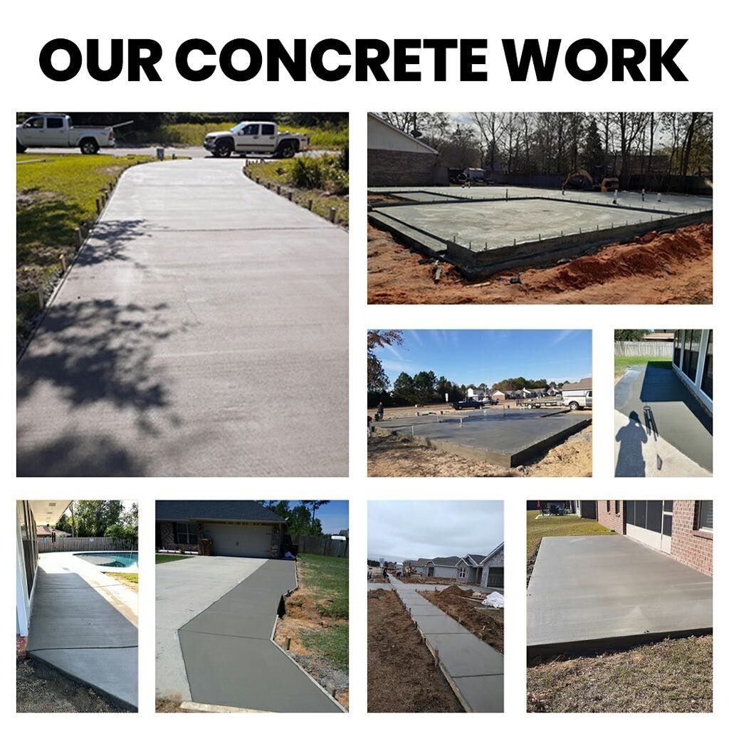 A collage of pictures of a concrete driveway being built