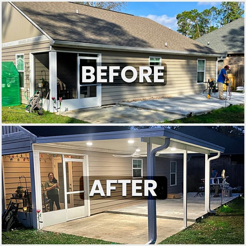 A before and after picture of a house with a screened in porch.