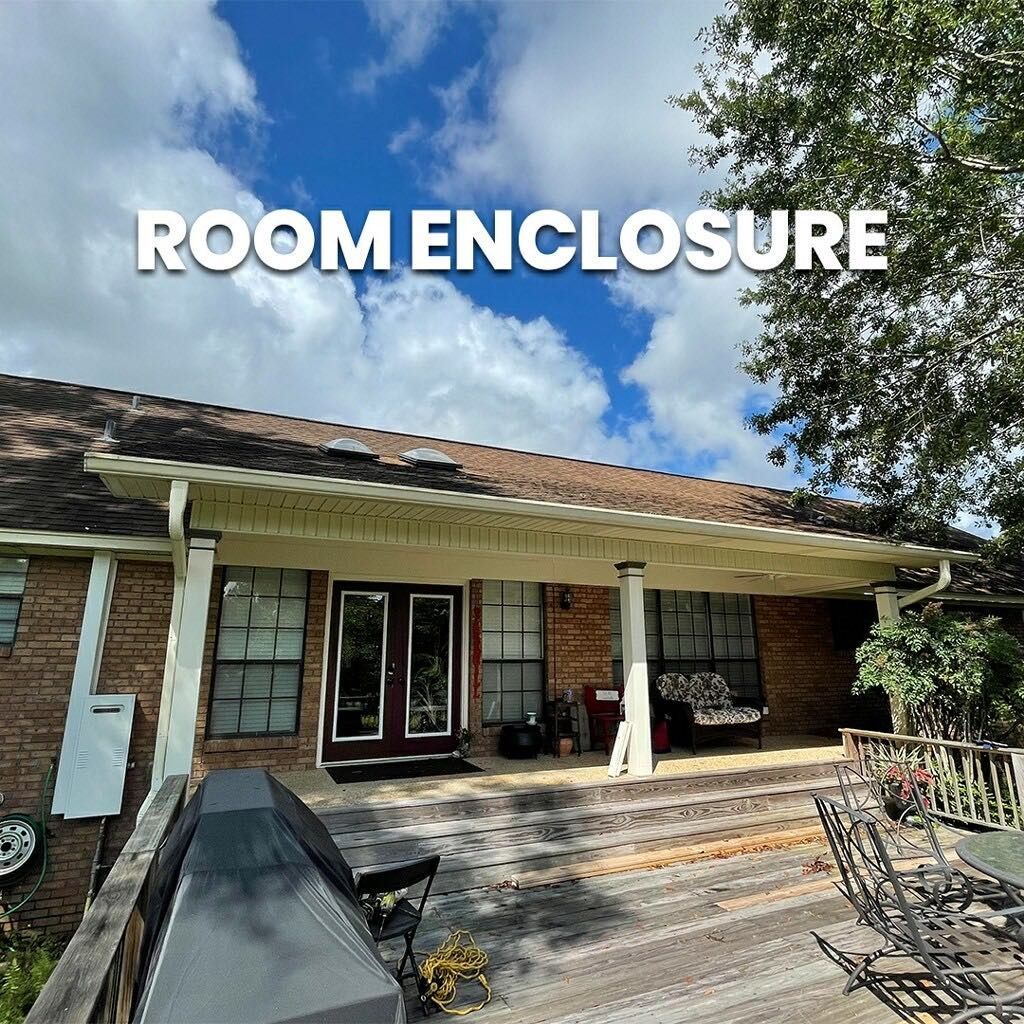 A picture of a house with a porch and the words room enclosure above it.