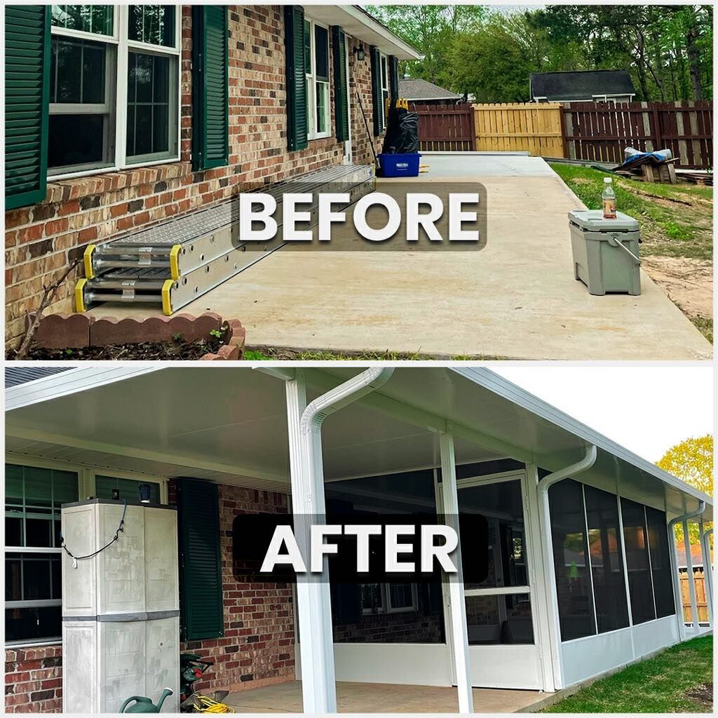 A before and after picture of a house with a screened in porch.