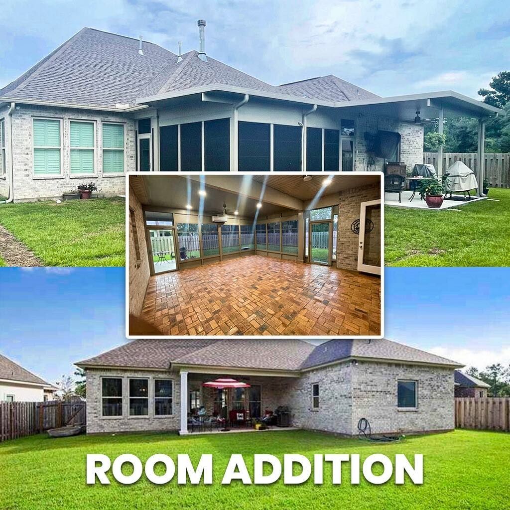 A before and after picture of a house with a room addition.