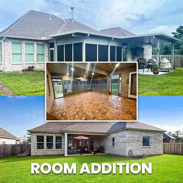 A before and after picture of a house with a room addition.