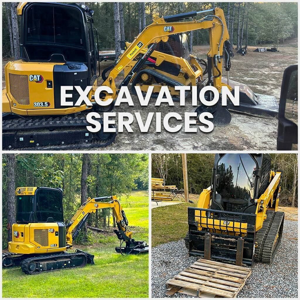 A collage of pictures of excavation services with a yellow excavator and a forklift.