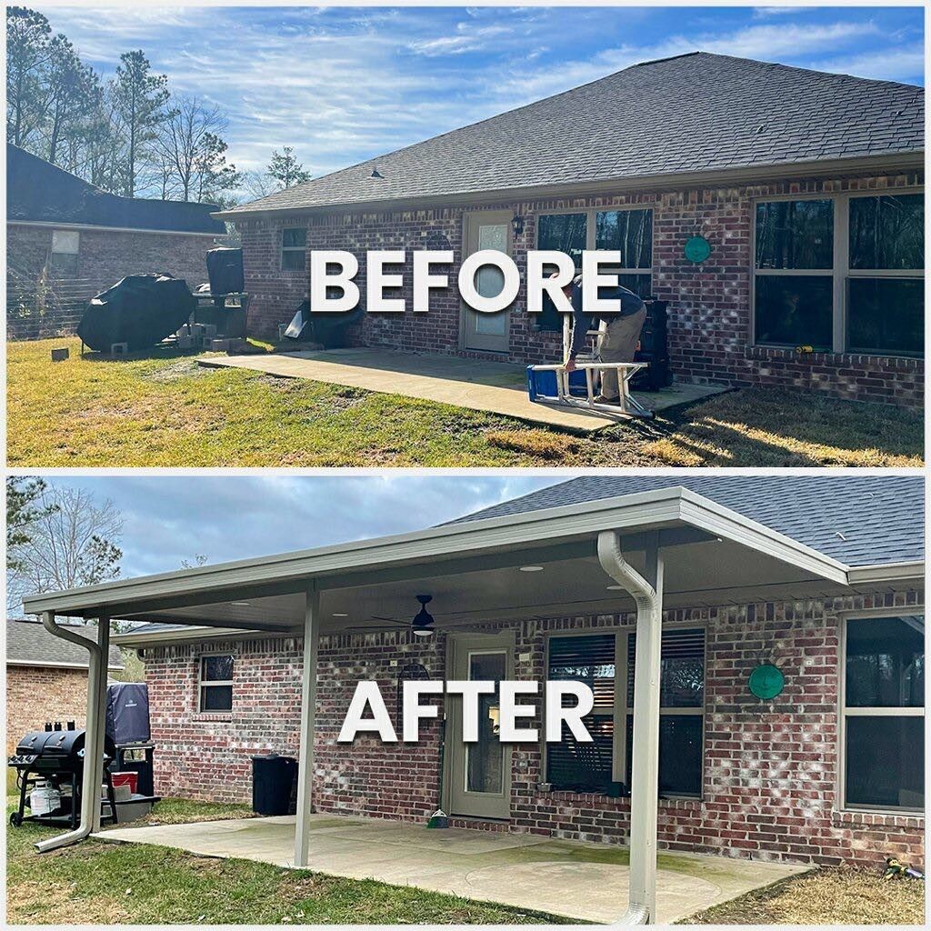 A before and after picture of a patio cover on a brick house.