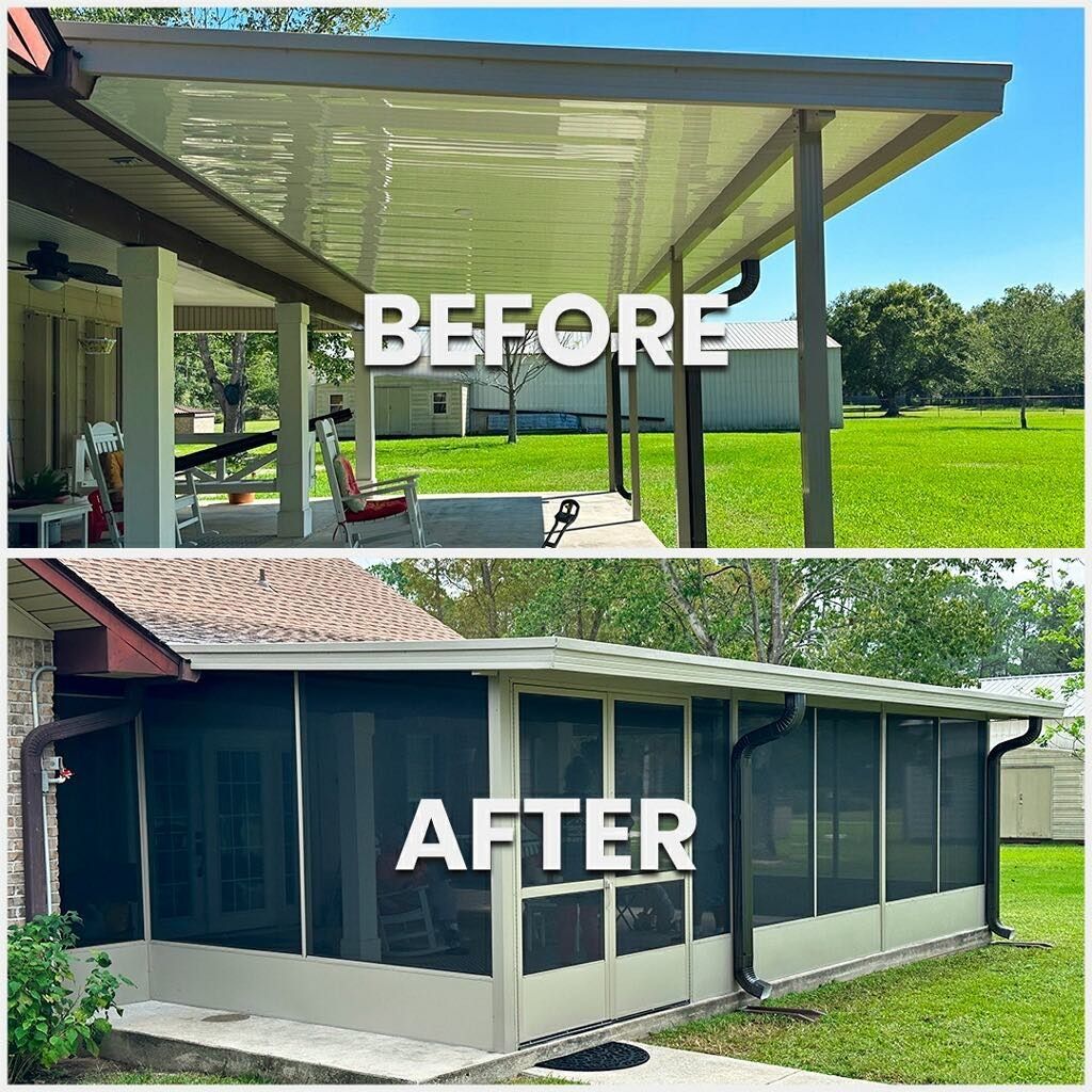 A before and after picture of a screened in porch.