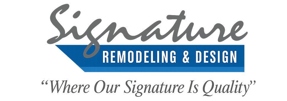 Logo for Signature Remodeling & Design: gray script over blue rectangle with text "REMODELING & DESIGN" and tagline "Where Our Signature Is Quality".