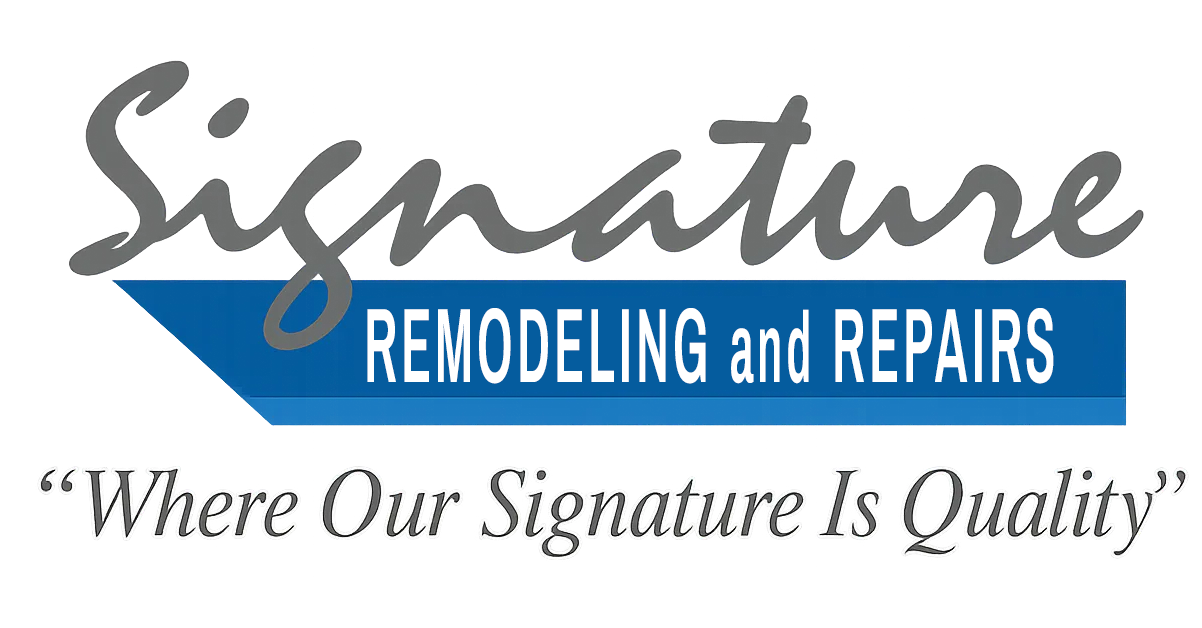 Logo for Signature Remodeling and Repairs: gray script over blue rectangle with text "REMODELING & DESIGN" and tagline "Where Our Signature Is Quality".