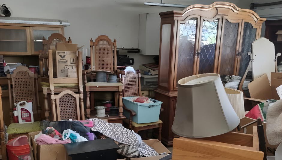 cluttered garage with lots of junk