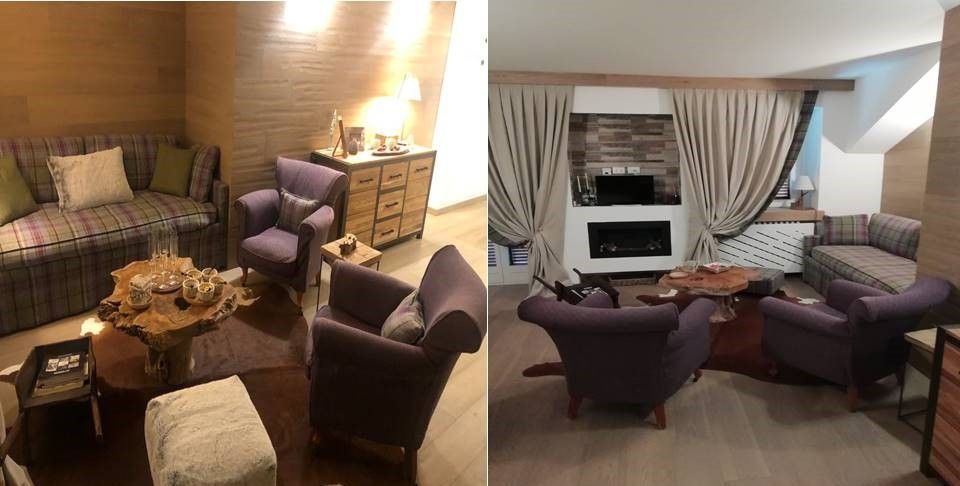 Due foto di un soggiorno con sedie viola e un camino.