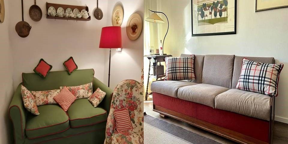 Un soggiorno con un divano verde e un divano rosso