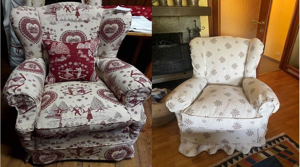 Una foto prima e dopo di una sedia con un motivo sopra