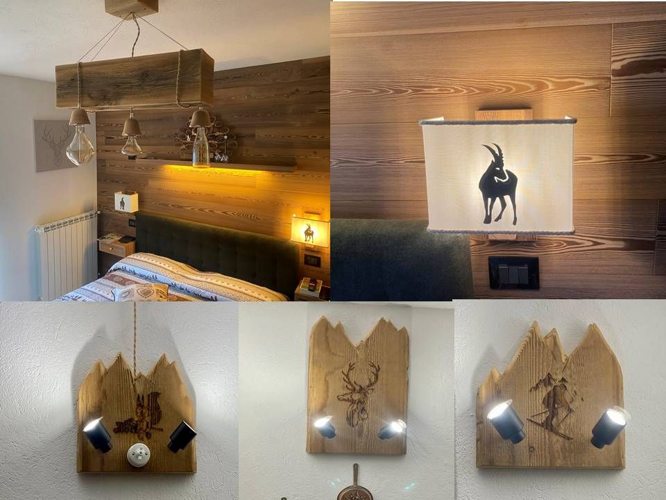 Un collage di foto di una camera da letto con pareti in legno e lampade