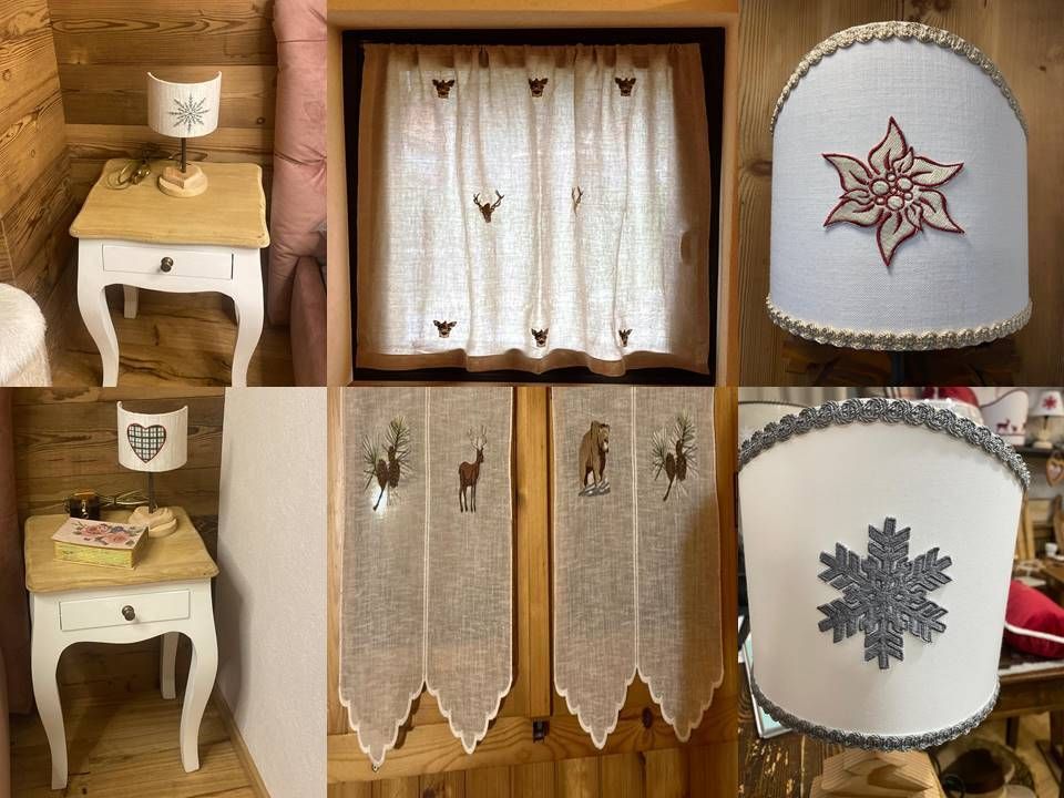 Un collage di foto di una camera da letto con un comodino e una lampada.