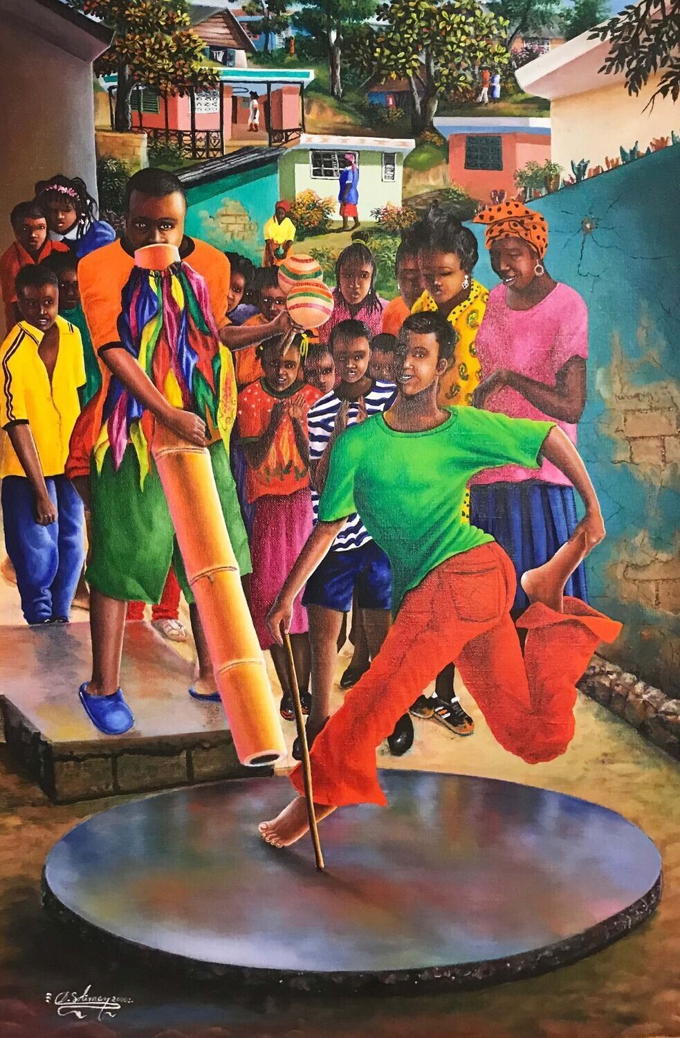 A painting of a man dancing in front of a crowd of people.