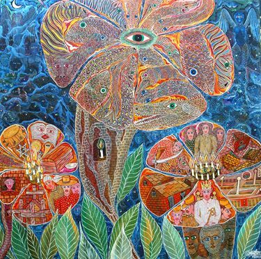 A painting of a flower with a third eye on it