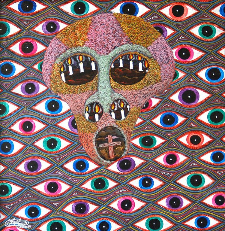 A painting of a mask surrounded by many eyes