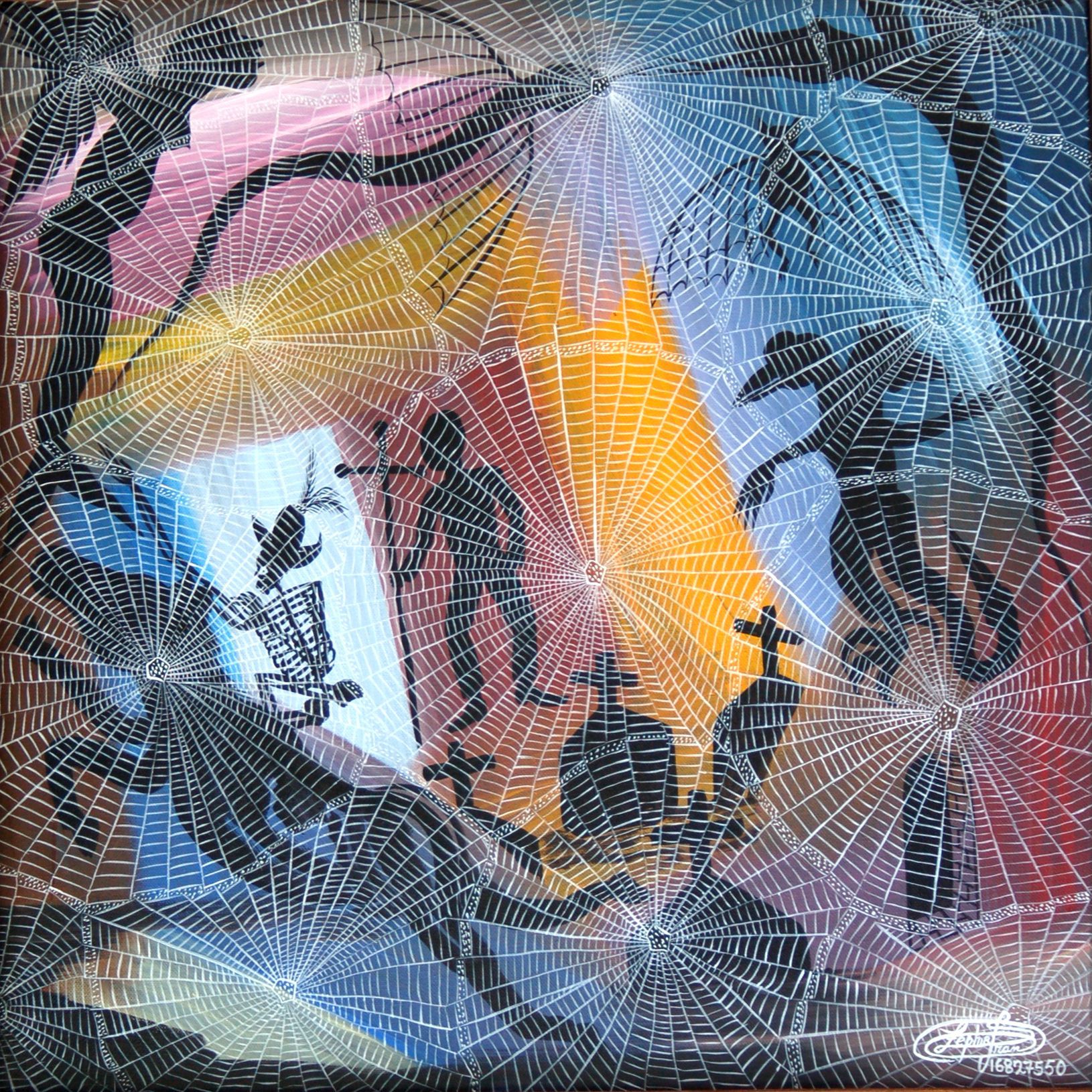 A painting of a spider web with a cemetery in the background.