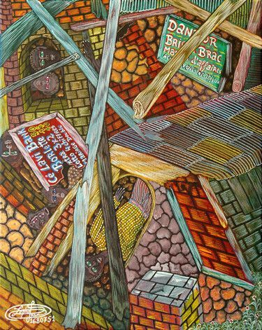 A painting of a brick building with a sign that says ' dan ' on it.