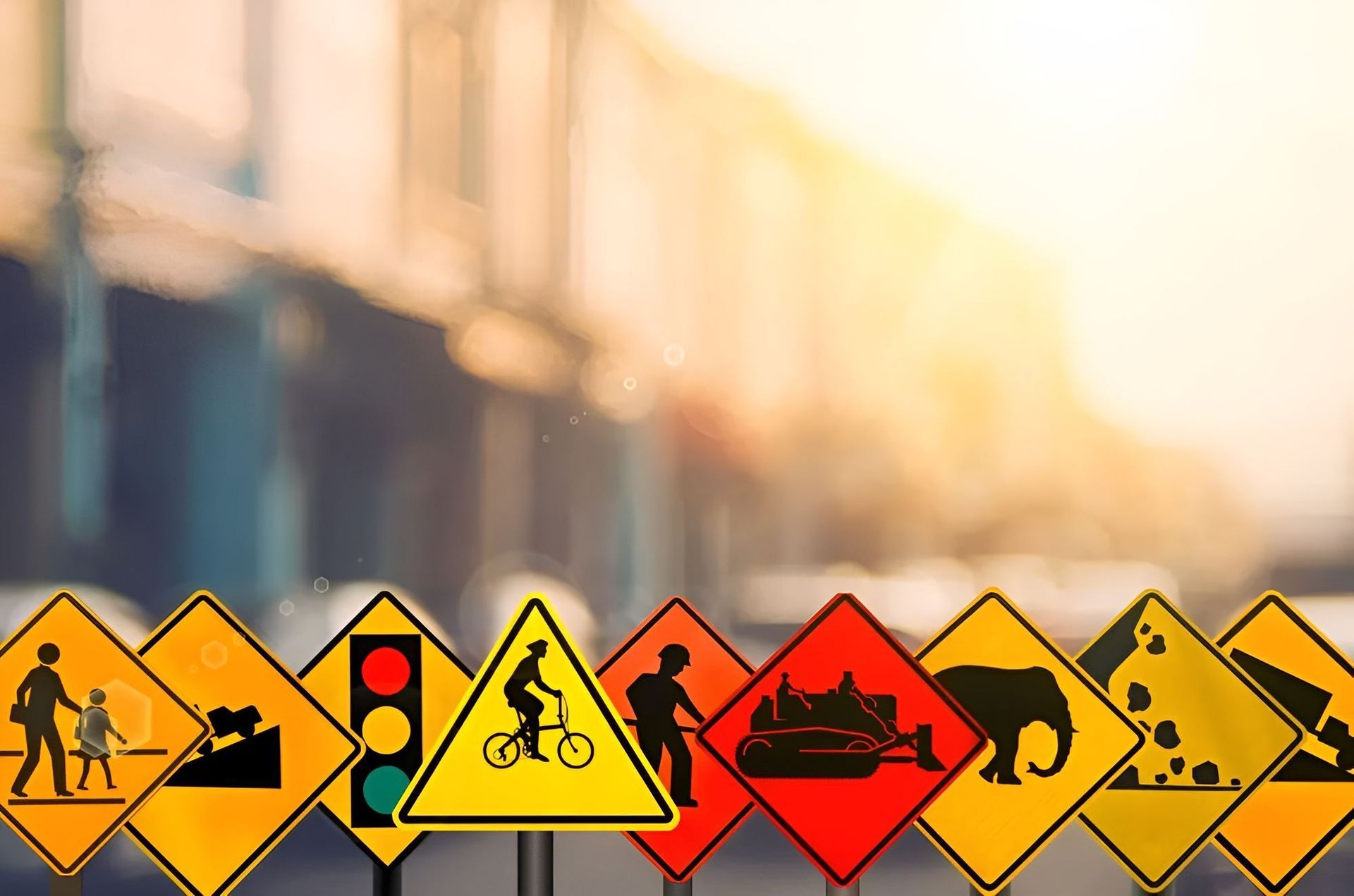 a Row of Traffic Signs on a Street With a Building in the Background — Casino Driving School In Casino, NSW