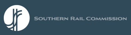 The logo for the southern rail commission is on a blue background.
