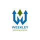 A blue and green logo for weekly marketing solutions